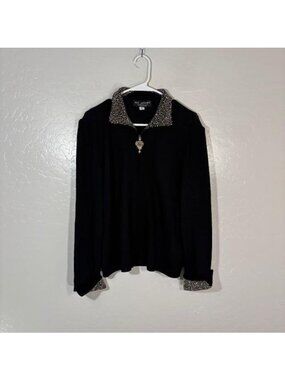 St John Evening Sweater Womens 10 Black Rhinestone Collar Cuffs Zip Pullover